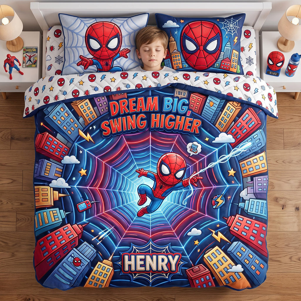 Personalized Spider-Man Quilted Bedding Set for Kids | Dream Big Swing Higher Quilted Bedding Set GradoCreations