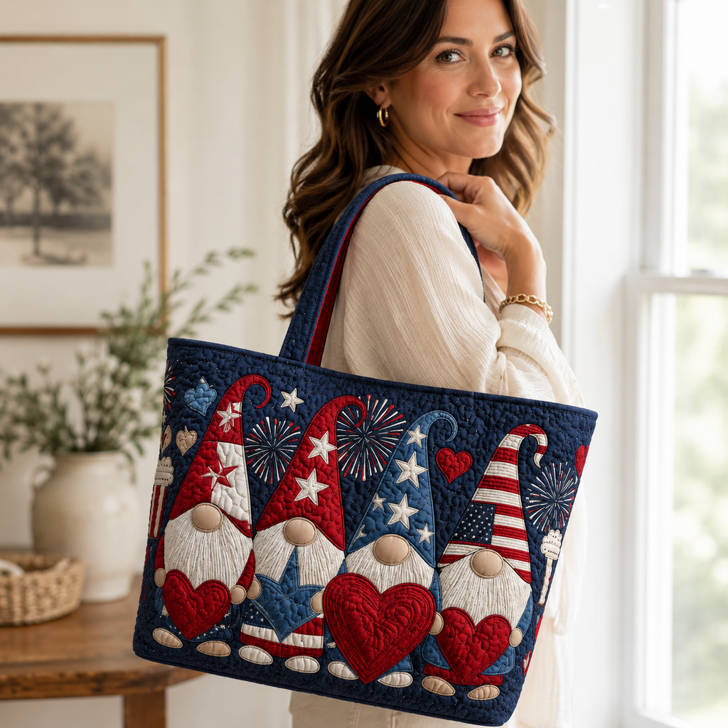Patriotic Gnomes Quilted Tote Bag for Her | Independence Day Gift