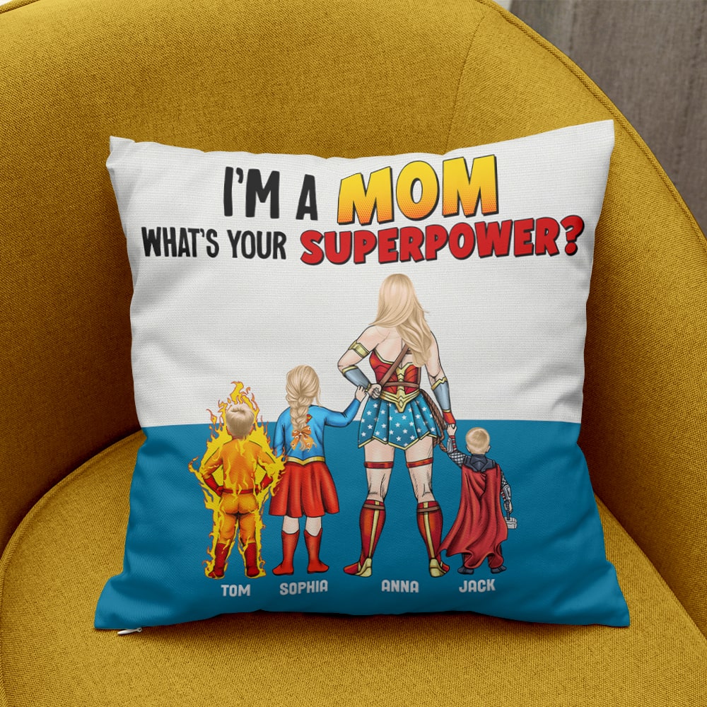 Personalized Superhero Mom Pillow Custom Family Names Gift for Mother's Day