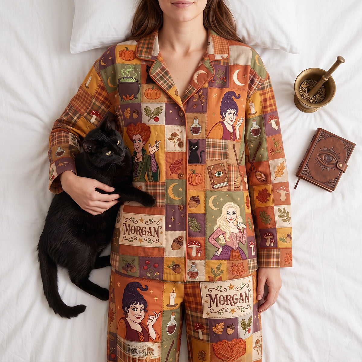 Custom Name Halloween Pajama Set for Adults & Kids | Patchwork Style Gift Pajama Set GradoCreations