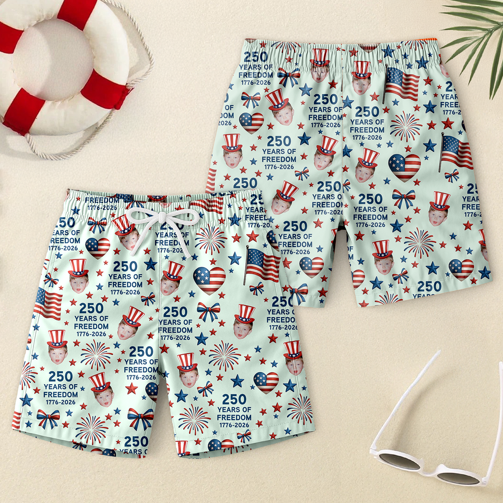 Personalized Photo Beach Shorts 250 Years of Freedom Gift for Dad HN590 - Beach-Shorts GradoCreations