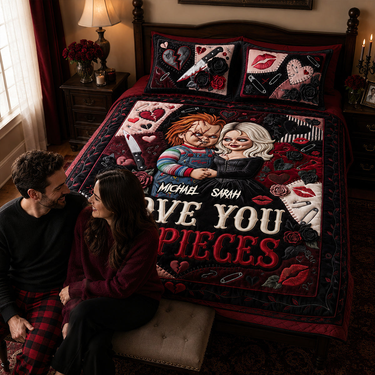 Personalized Horror Love Quilted Bedding Set for Couples Quilted Bedding Set GradoCreations