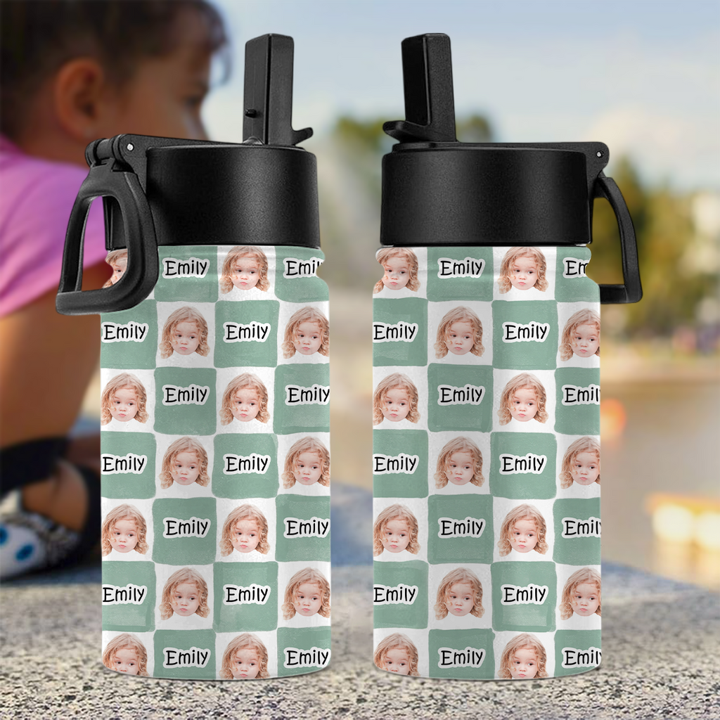 Personalized Water Bottle with Photo & Name Custom Gift for Kids HN590 - Kid Water Bottle With Straw GradoCreations