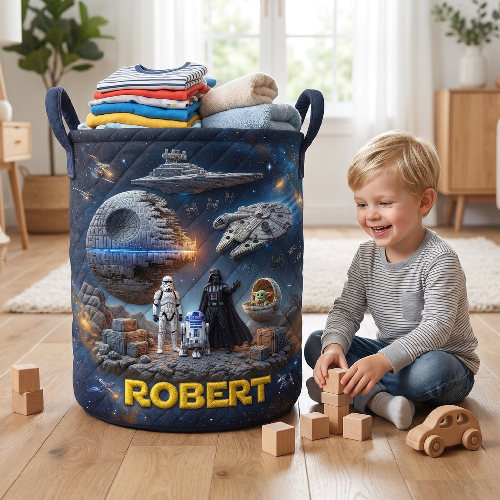 Personalized Quilted Laundry Basket Space Theme Custom Name Gift for Kids Quilted Laundry Basket GradoCreations