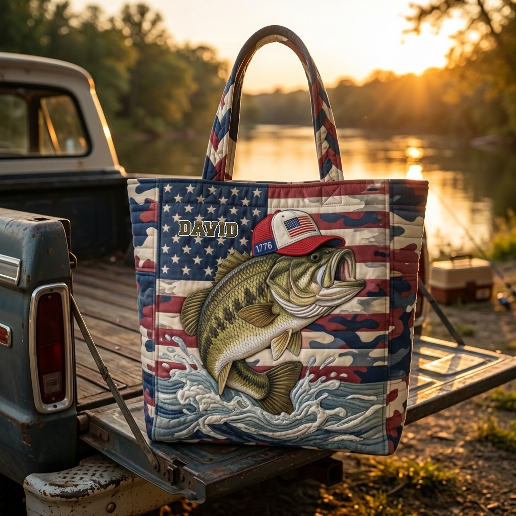 Personalized Quilted Tote Bag Camo American Flag Gift for Dad