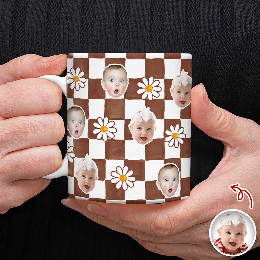 Personalized Baby Face Daisy Checkered Mug Gift for Mom & Dad HN590 - edge to edge mug GradoCreations