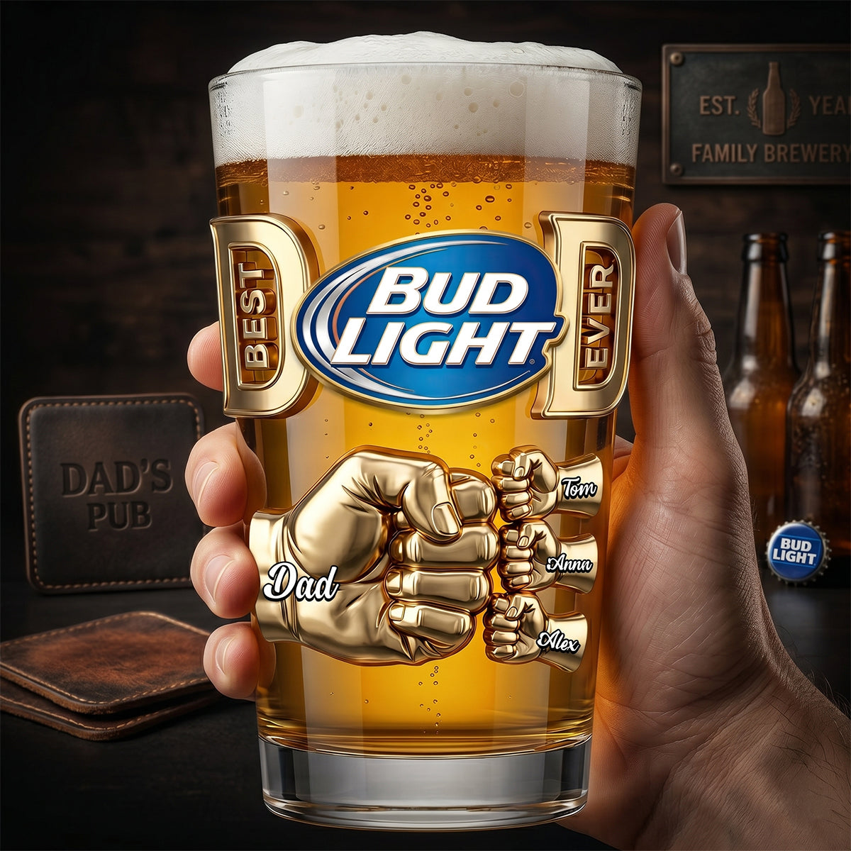 Personalized Beer Glass Best Dad Ever Fist Bump Gift for Dad