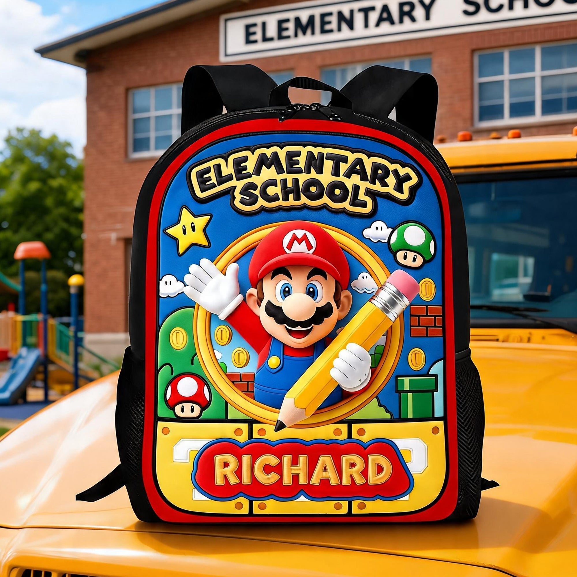 Personalized Mario Cartoon School Backpack for Kids with Name