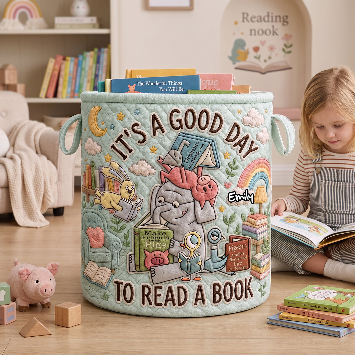 Personalized Quilted Laundry Basket for Book Lovers - Custom Name Gift Quilted Laundry Basket GradoCreations