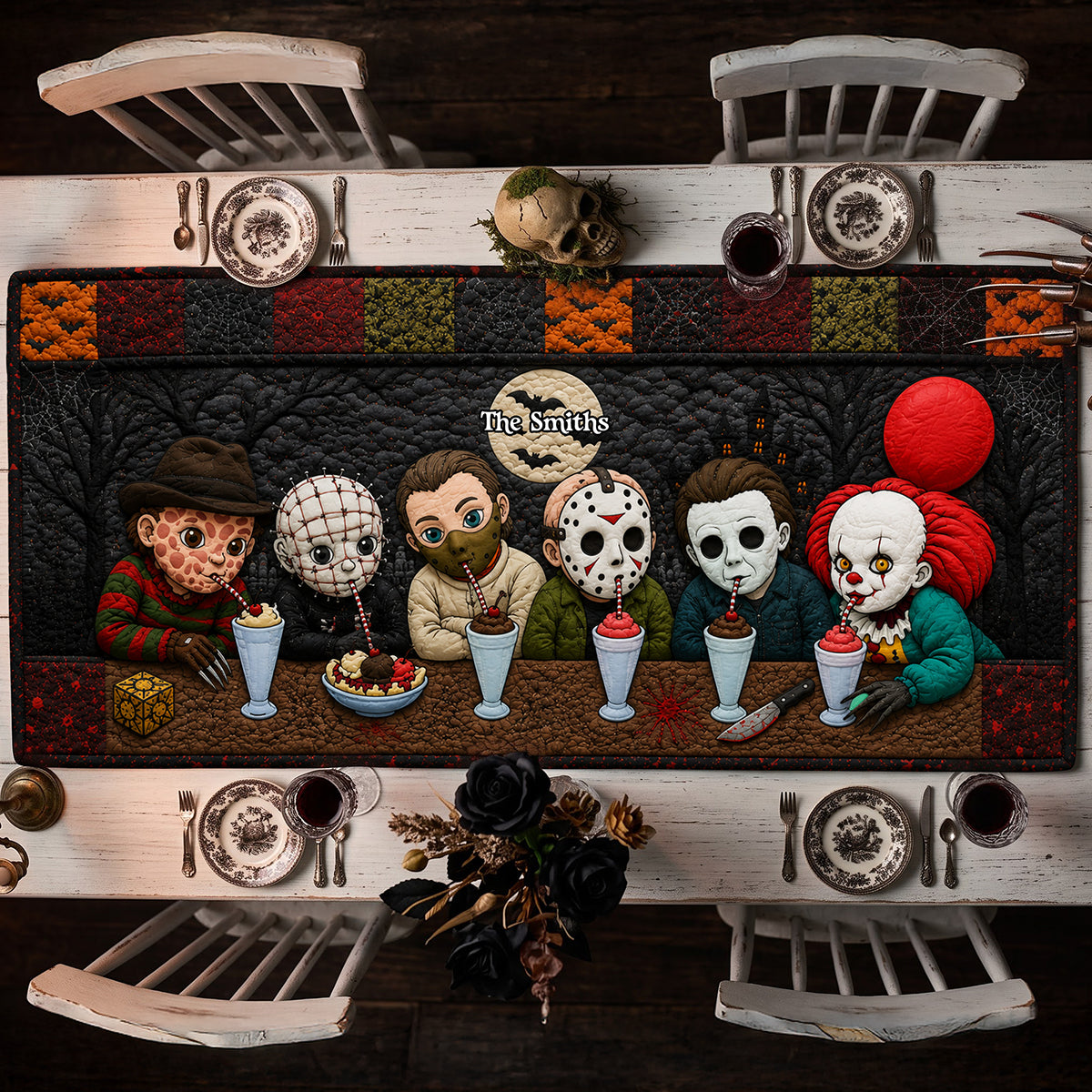 Personalized Cute Horror Characters Quilt Table Runner Gift for Halloween Quilt Table Runner GradoCreations
