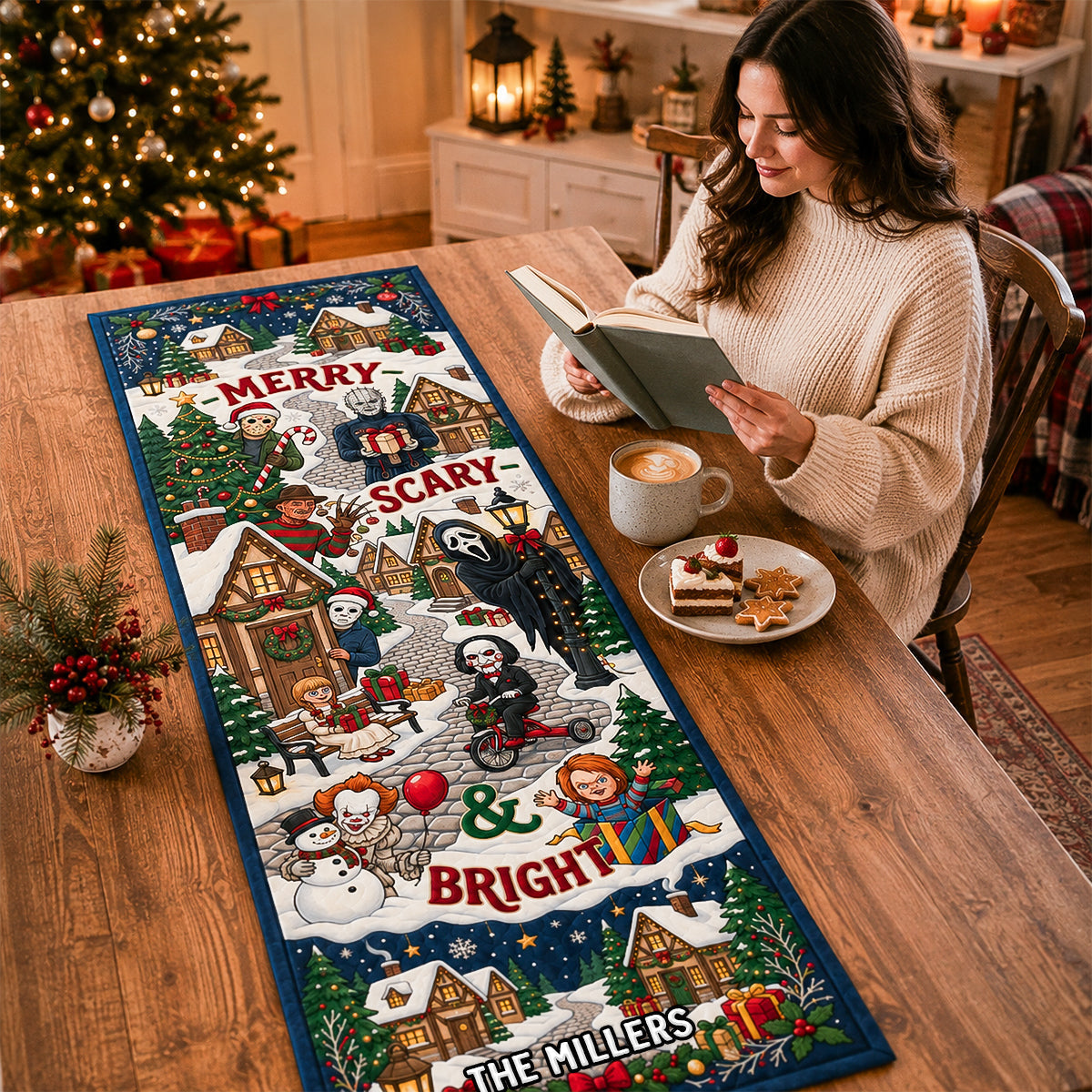 Personalized Merry Scary Christmas Quilt Table Runner Custom Family Name Decor Quilt Table Runner GradoCreations