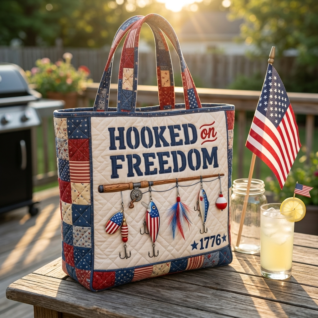 Quilted Fishing Tote Bag with Patriotic Design | Unique Gift for Fisherman