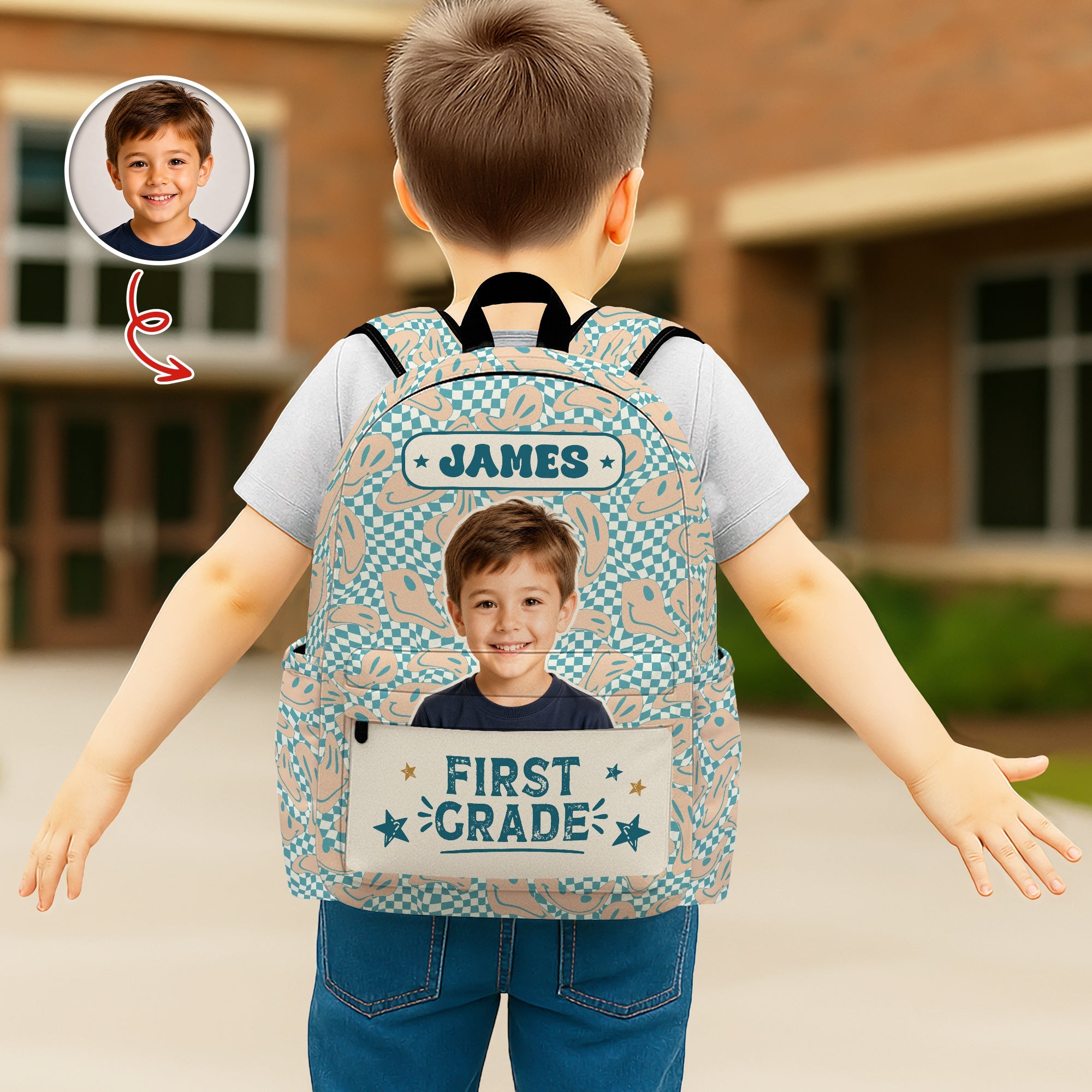 Personalized Kids Retro Backpack with Photo & Name Gift HN590 - Printed Backpack GradoCreations