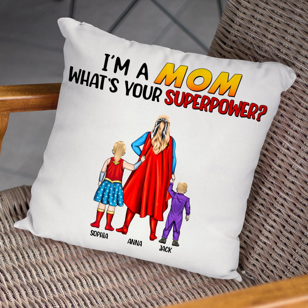Personalized Super Mom Pillow Custom Family Names Gift for Mom