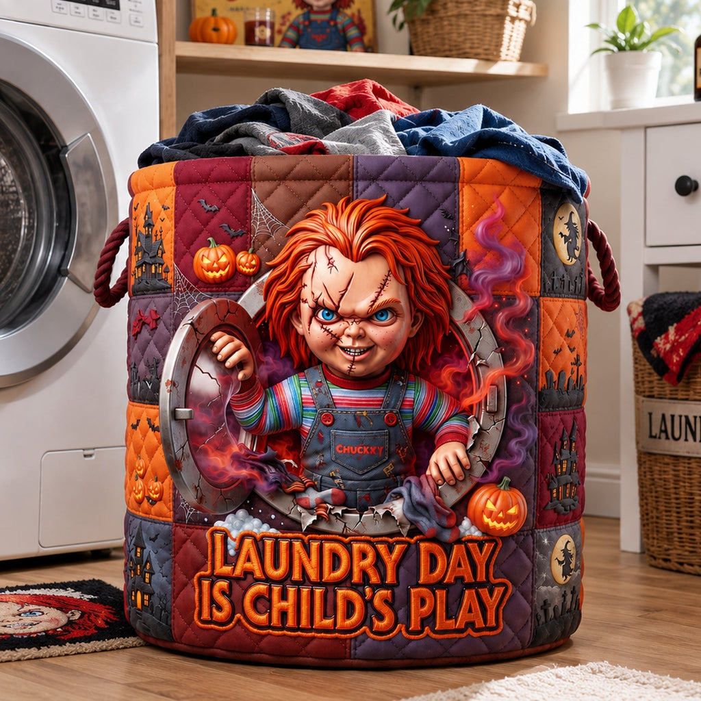 Personalized Creepy Doll Quilted Laundry Basket Gift for Horror Lovers Quilted Laundry Basket GradoCreations