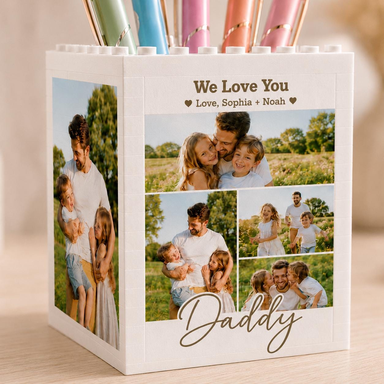 Custom Photo Collage Building Brick Pencil Holder Gift for Dad HN590 - Building Blocks diff design fix GradoCreations