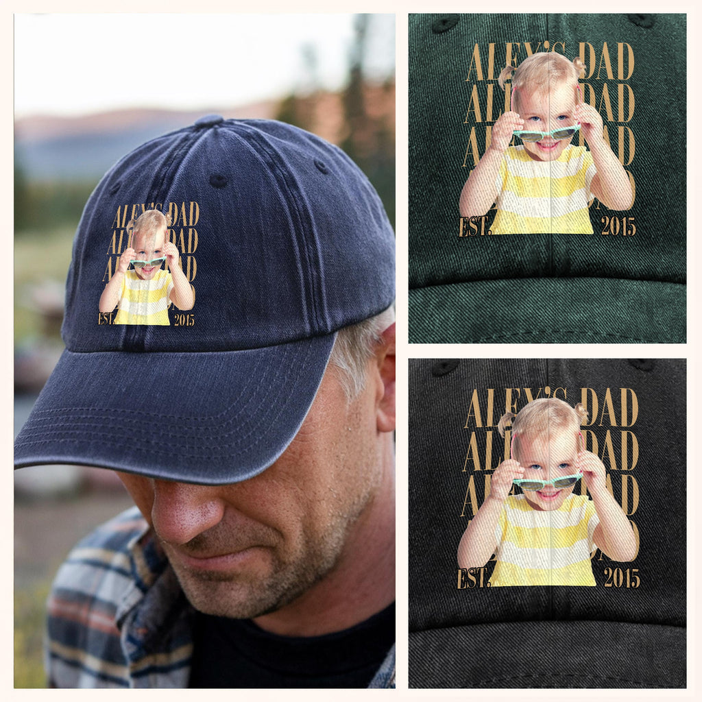 Personalized Washed Denim Baseball Cap Custom Photo Gift for Dad HN590 - Washed Denim Baseball Cap GradoCreations