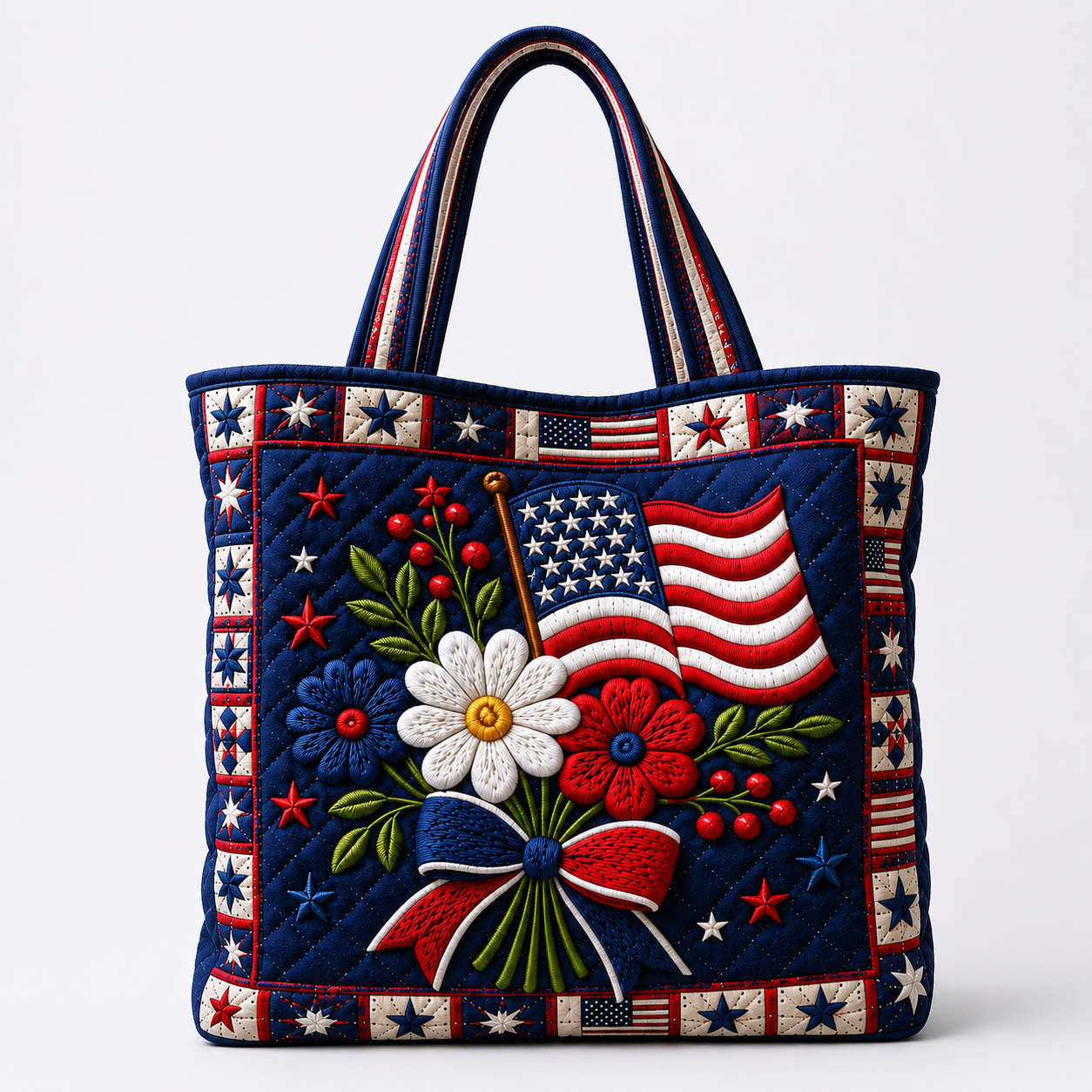 Patriotic Floral Quilted Tote Bag American Flag Gift for Her