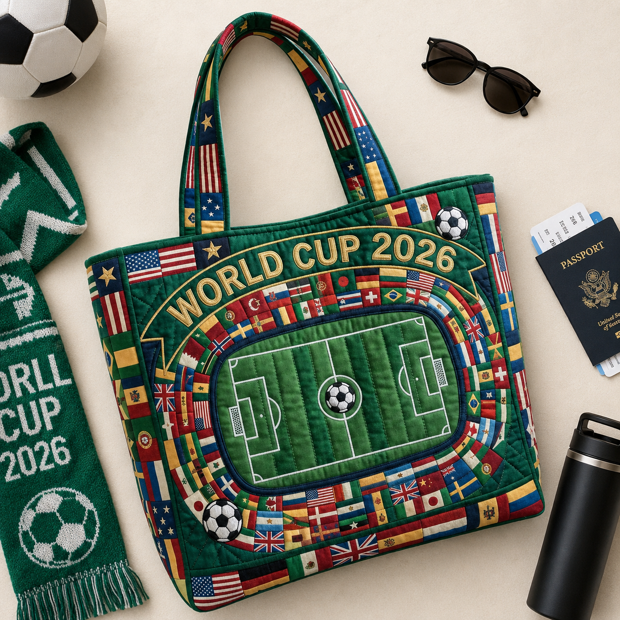 Personalized Quilted Tote Bag with World Cup 2026 Design for Soccer Fans
