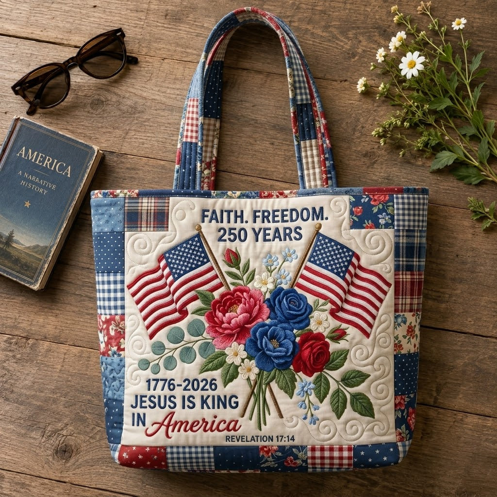 Patriotic Quilted Tote Bag with Jesus Is King Design - Gift for Her