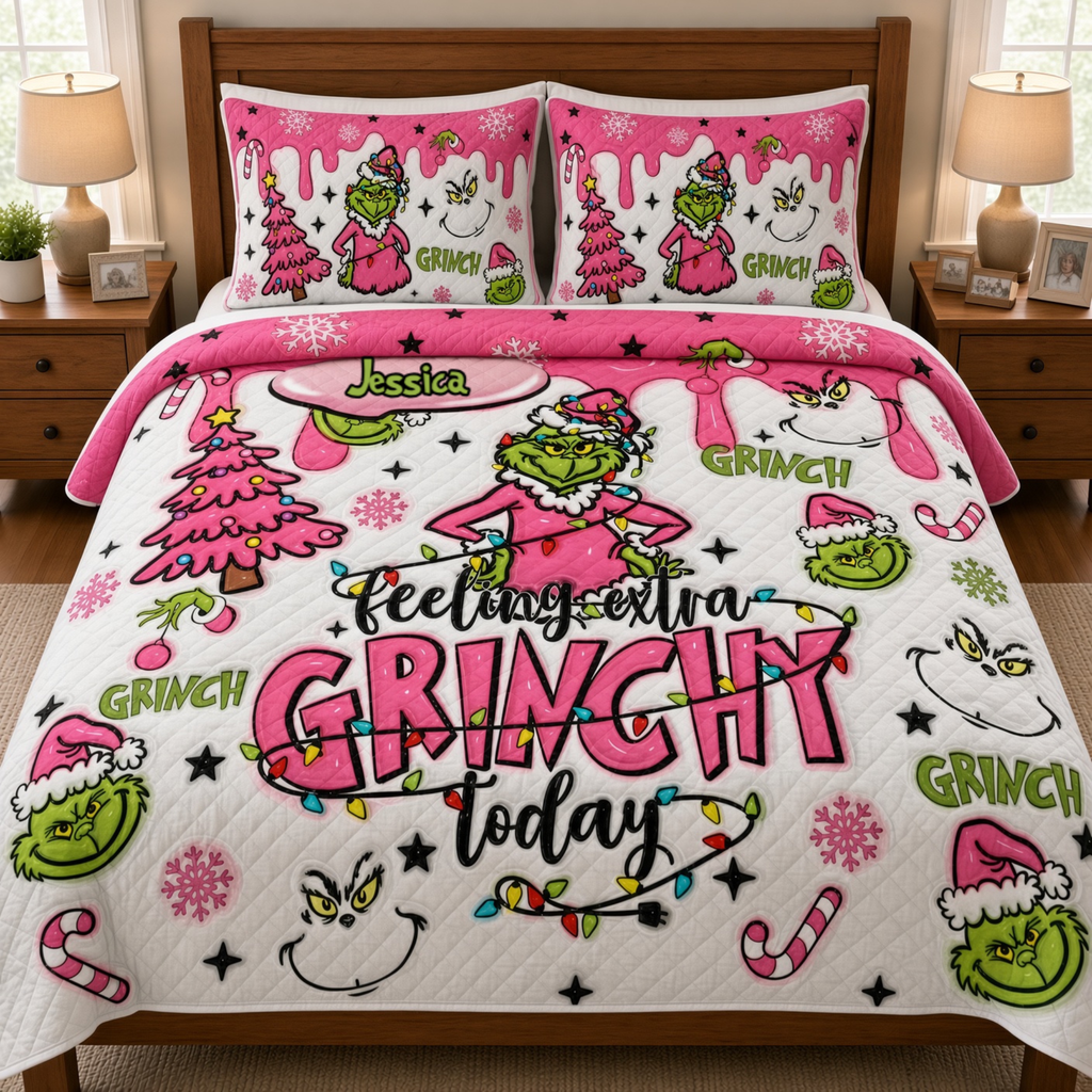 Personalized Grinchy Christmas Quilted Bedding Set Custom Name Gift Quilted Bedding Set GradoCreations