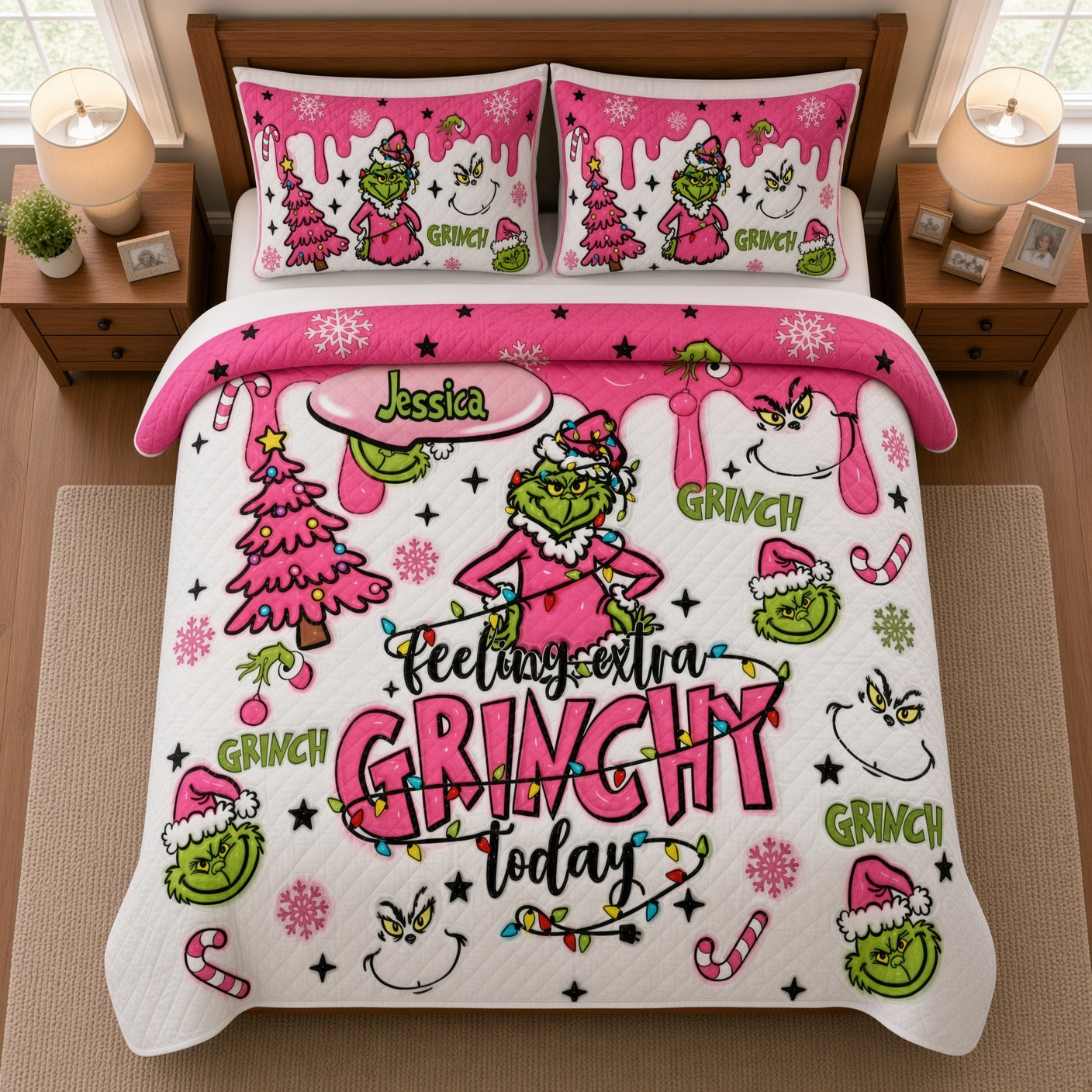 Personalized Grinchy Christmas Quilted Bedding Set Custom Name Gift Quilted Bedding Set GradoCreations