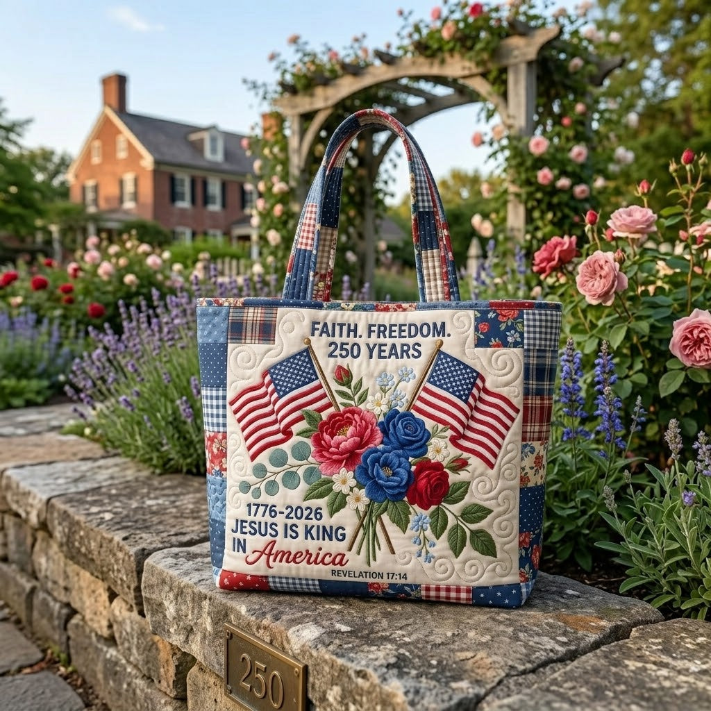 Patriotic Quilted Tote Bag with Jesus Is King Design - Gift for Her
