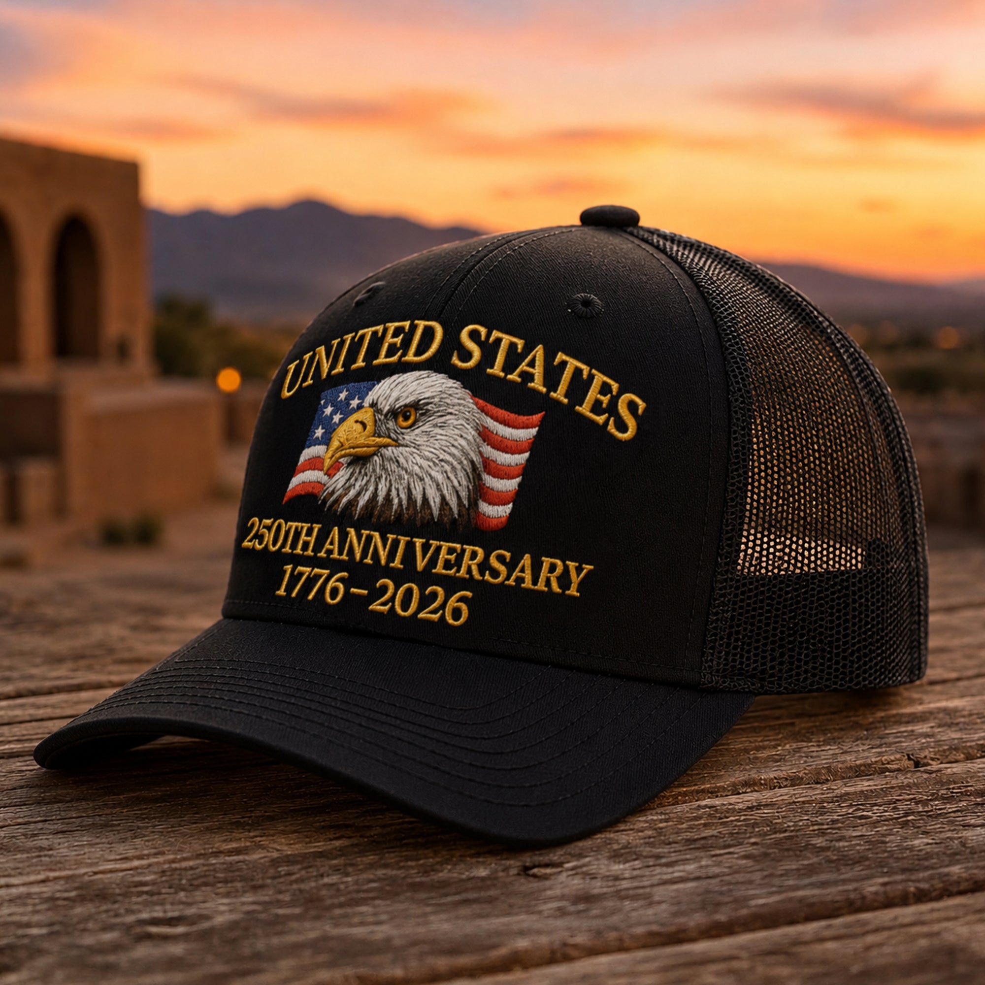 Embroidered Eagle Trucker Hat Custom 250th Anniversary Gift HN590 - Embroidered Trucker Hat fix GradoCreations