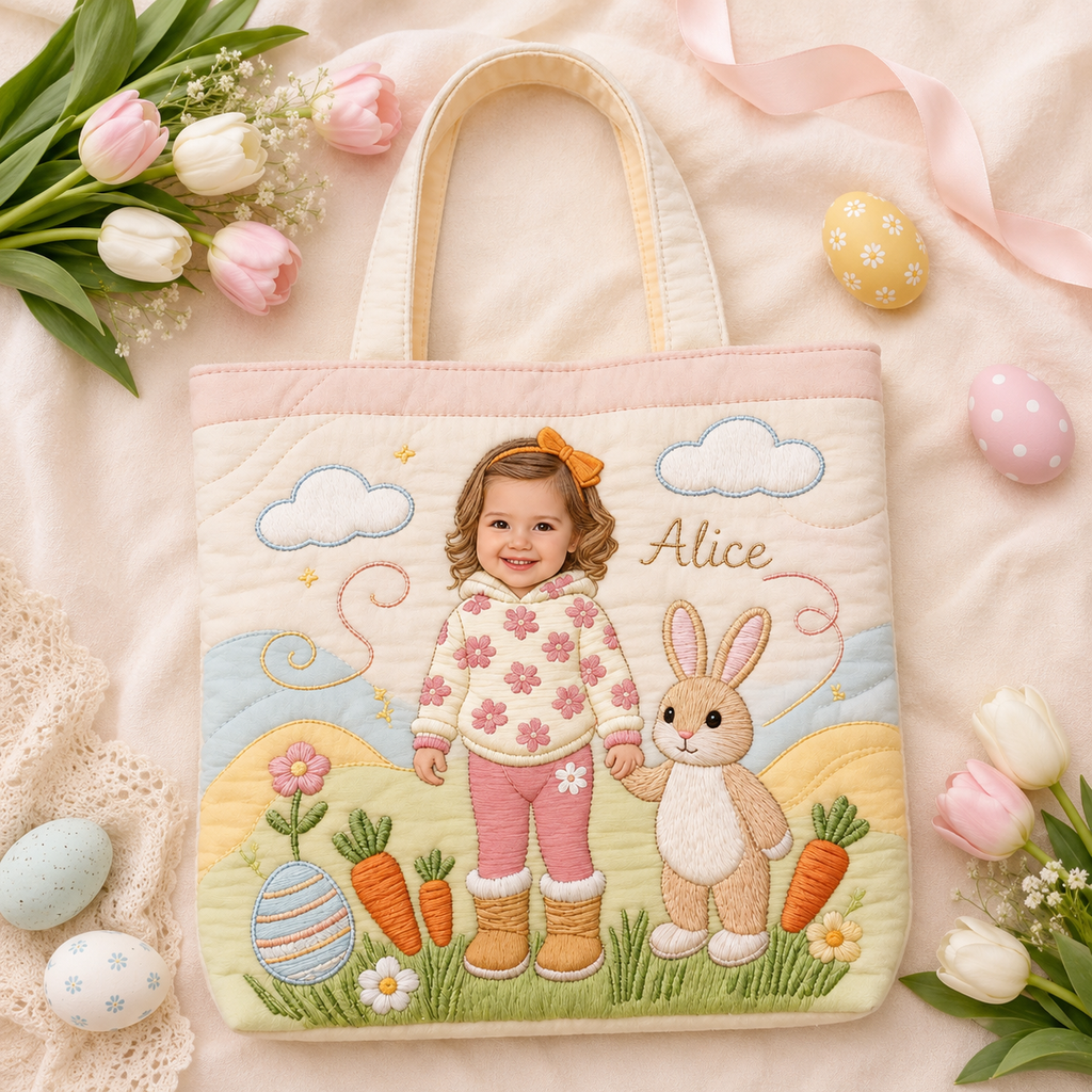 Personalized Quilted Tote Bag with Kid Photo & Easter Bunny Gift for Family