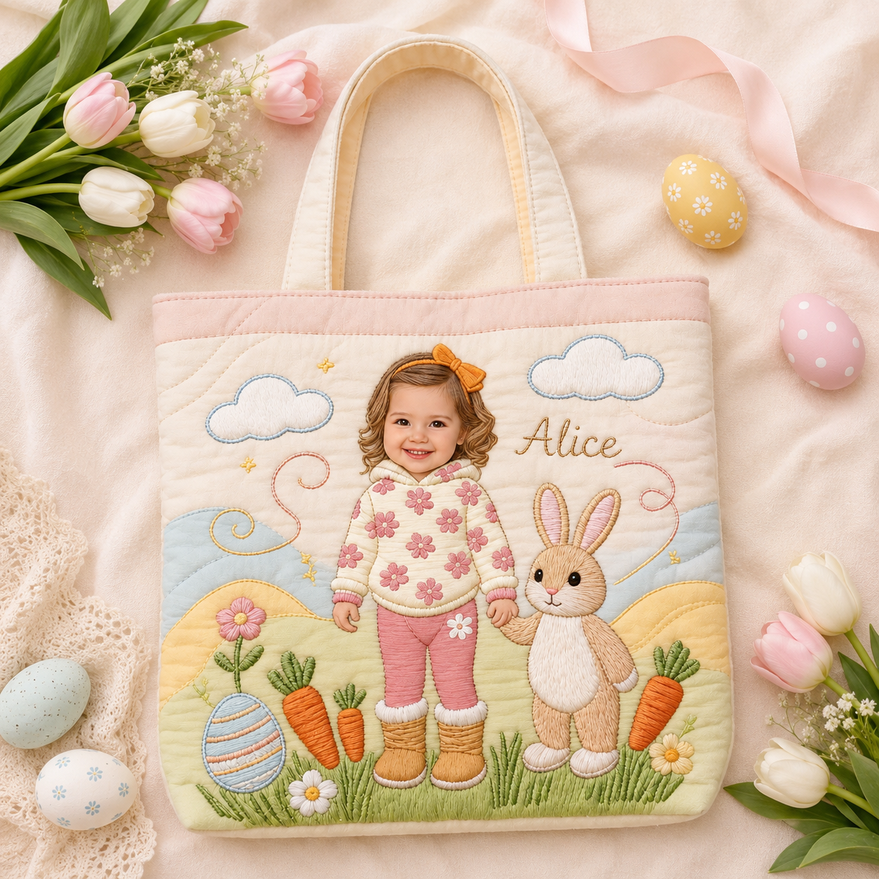 Personalized Quilted Tote Bag with Kid Photo & Easter Bunny Gift for Family