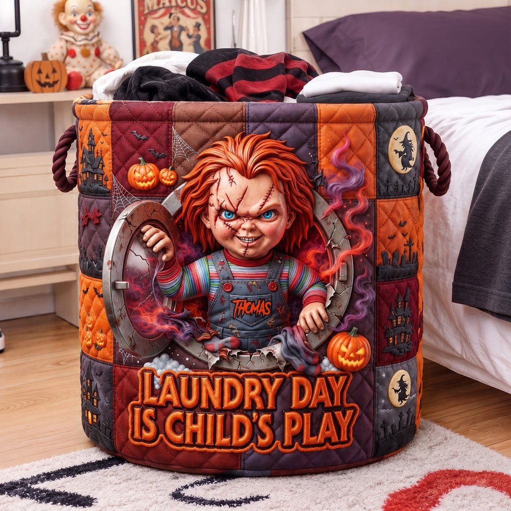 Personalized Creepy Doll Quilted Laundry Basket Gift for Horror Lovers Quilted Laundry Basket GradoCreations
