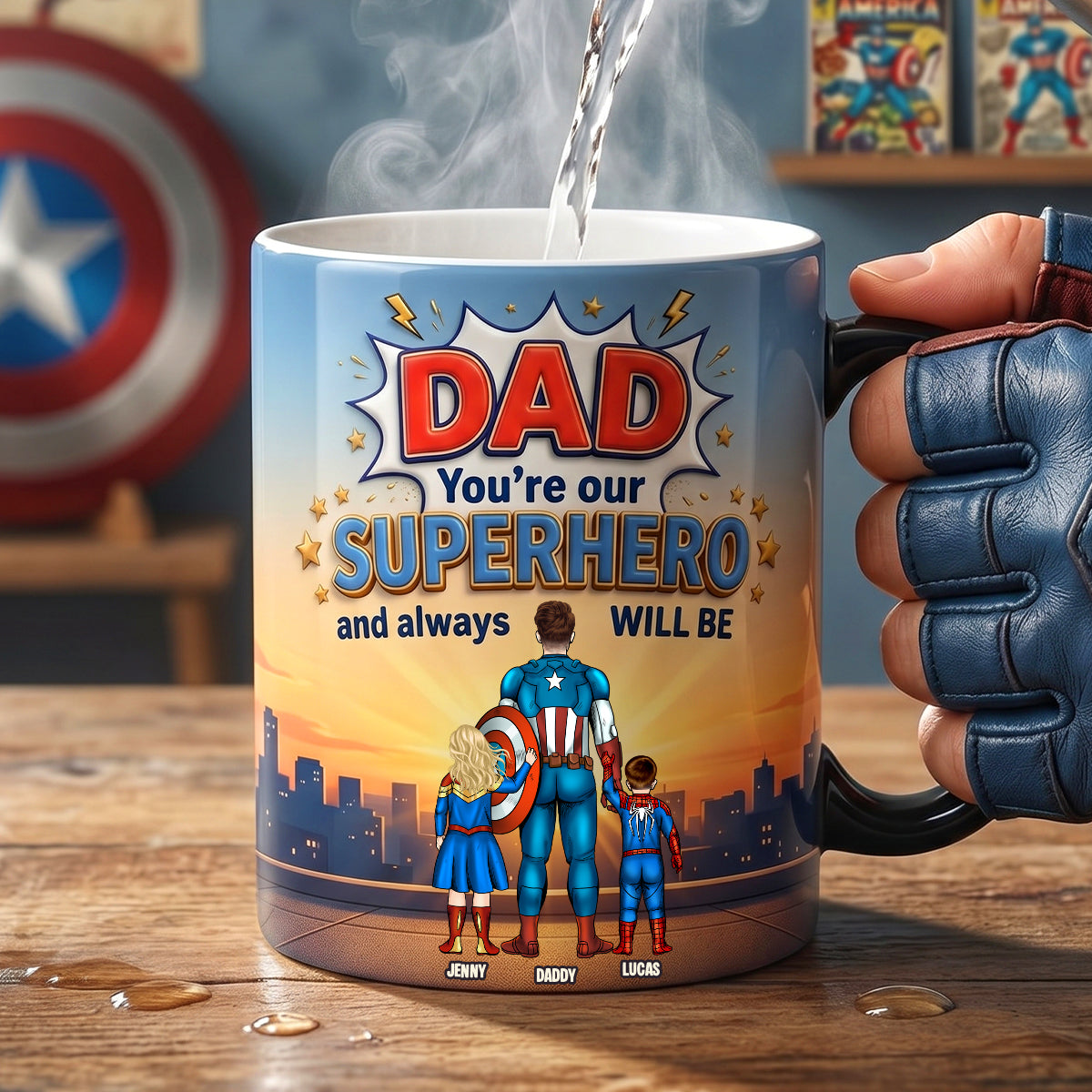 Personalized Superhero Mug Gift for Dad Custom Names 11oz 15oz
