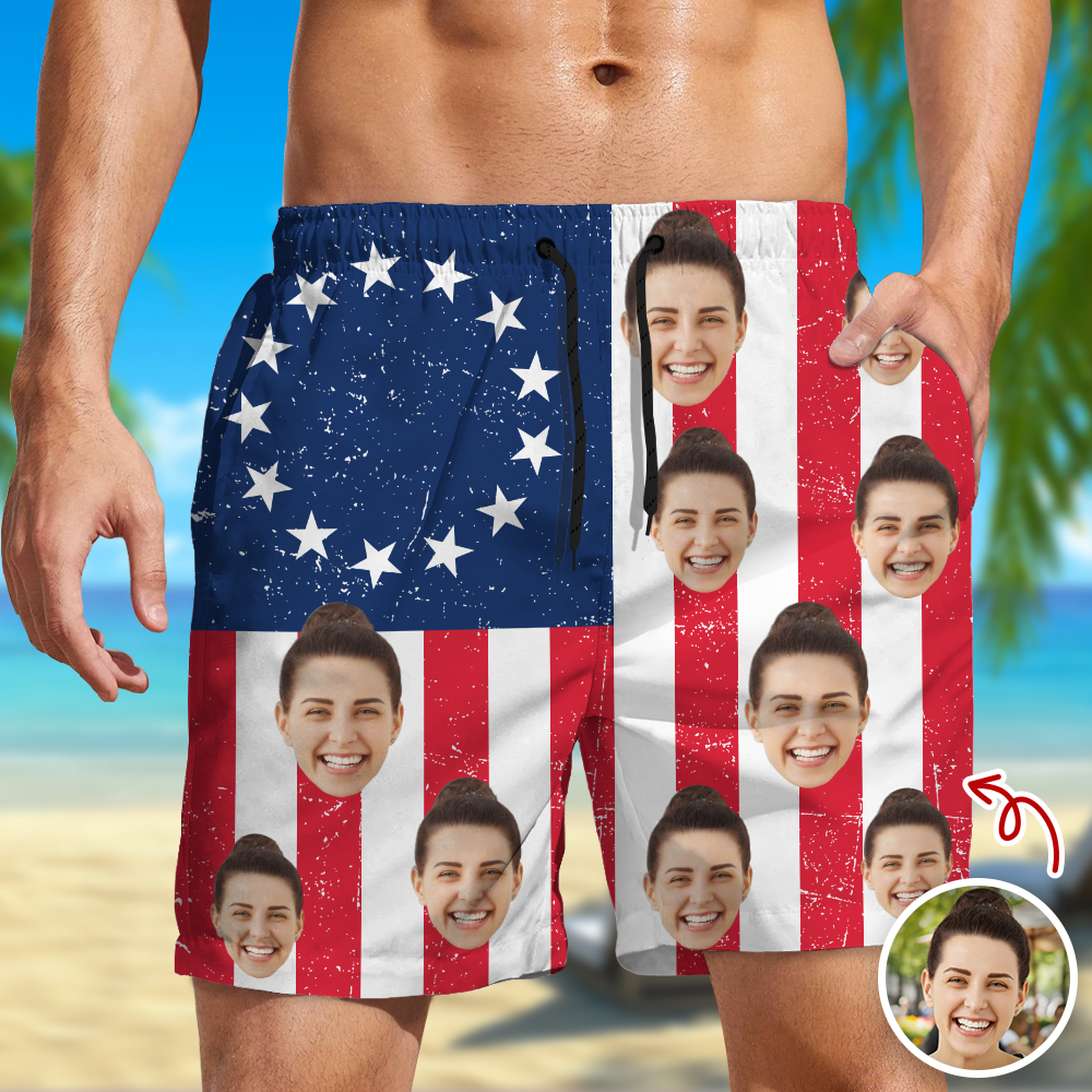 Personalized Funny Face American Flag Beach Shorts Gift for Dad HN590 - Beach-Shorts GradoCreations