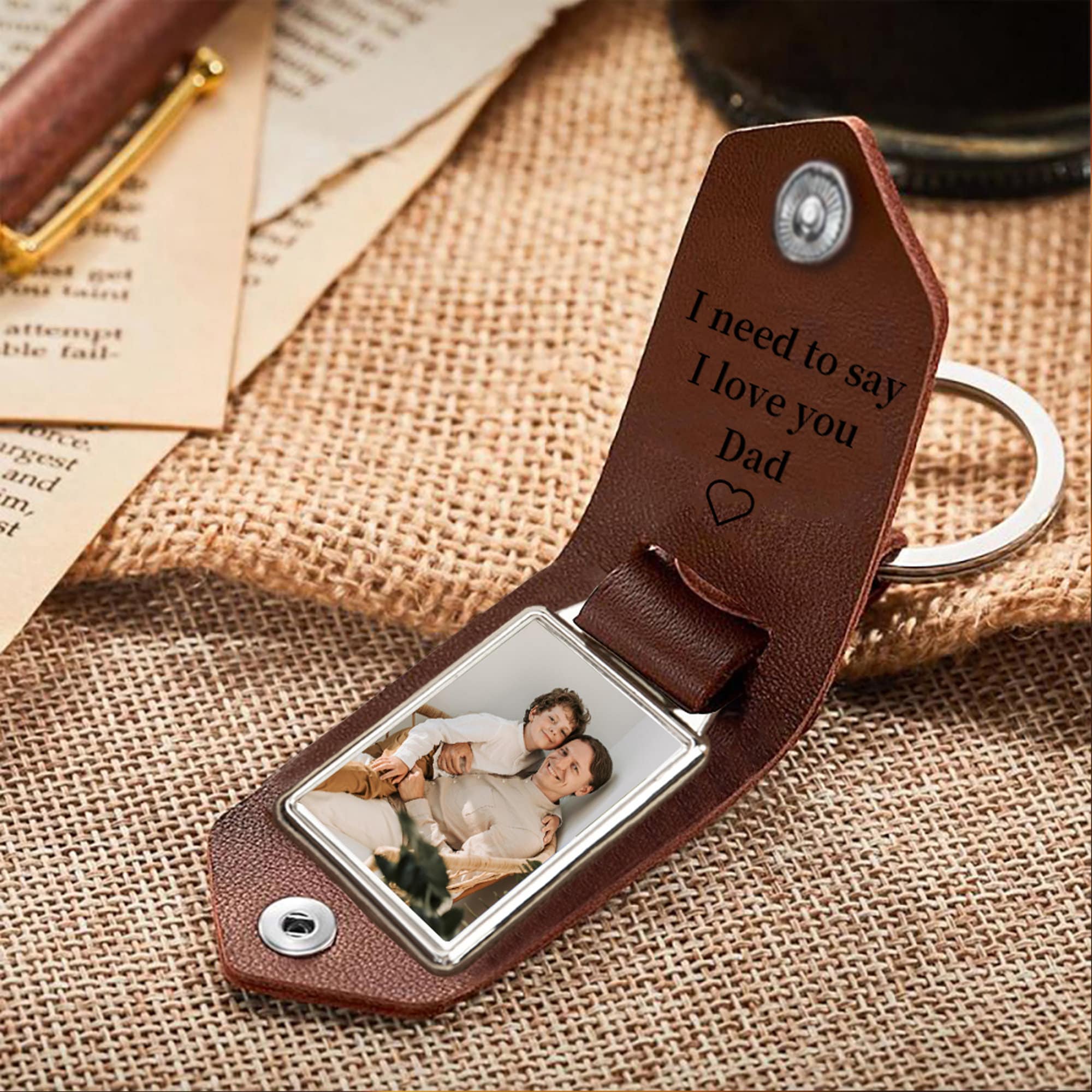 Personalized Photo Keychain I Love You Daddy Leather Gift HN590 - Metal Tag Leather Keychain FIX GradoCreations