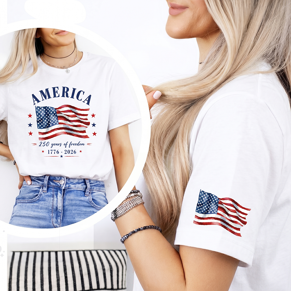 Patriotic 250 Years of Freedom T-Shirt Independence Day Gift Short Sleeve Print Shirt GradoCreations