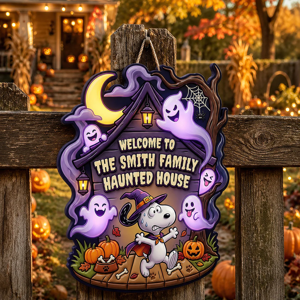 Personalized Cartoon Puppy Halloween Welcome Home Wood Sign Gift Wood Sign GradoCreations