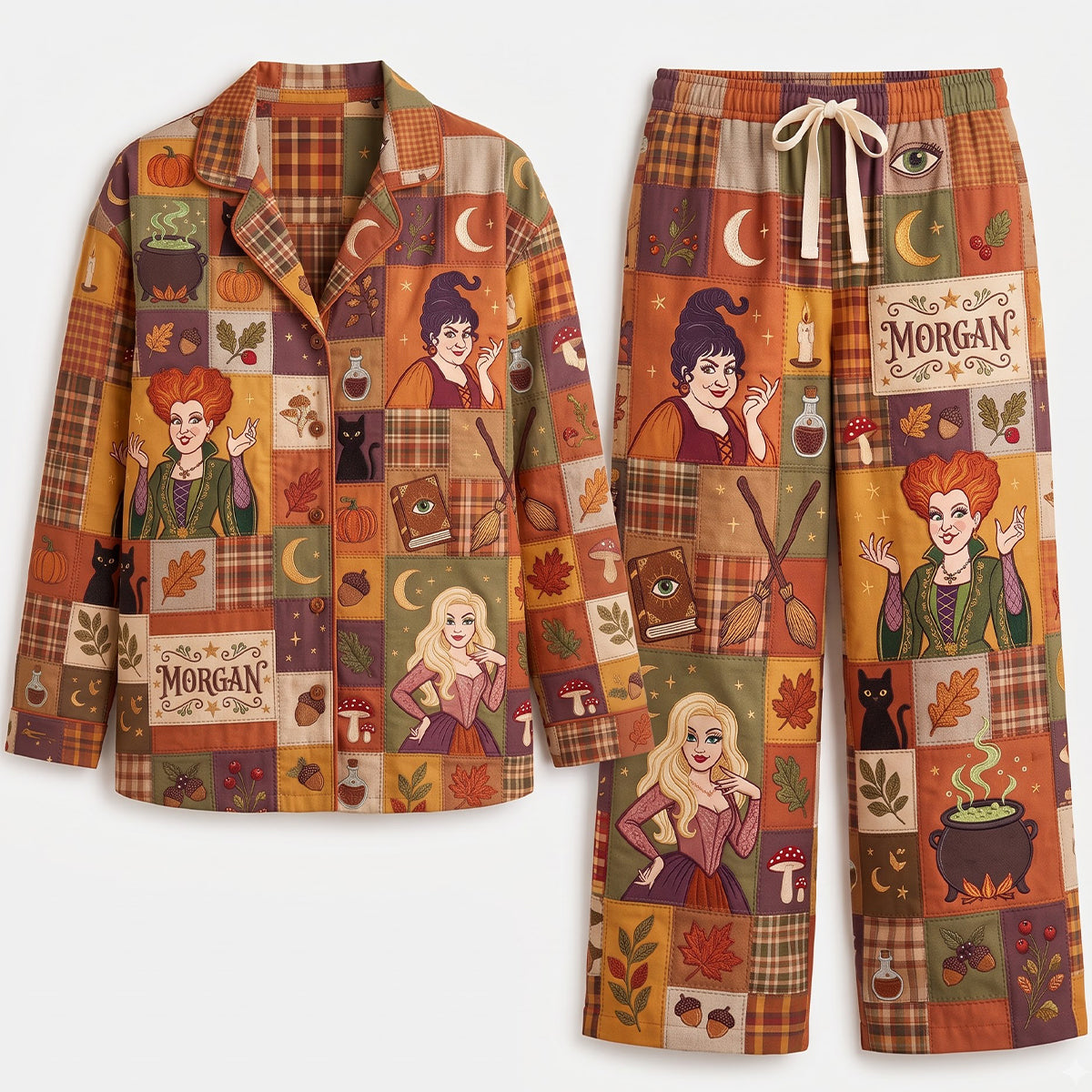 Custom Name Halloween Pajama Set for Adults & Kids | Patchwork Style Gift Pajama Set GradoCreations
