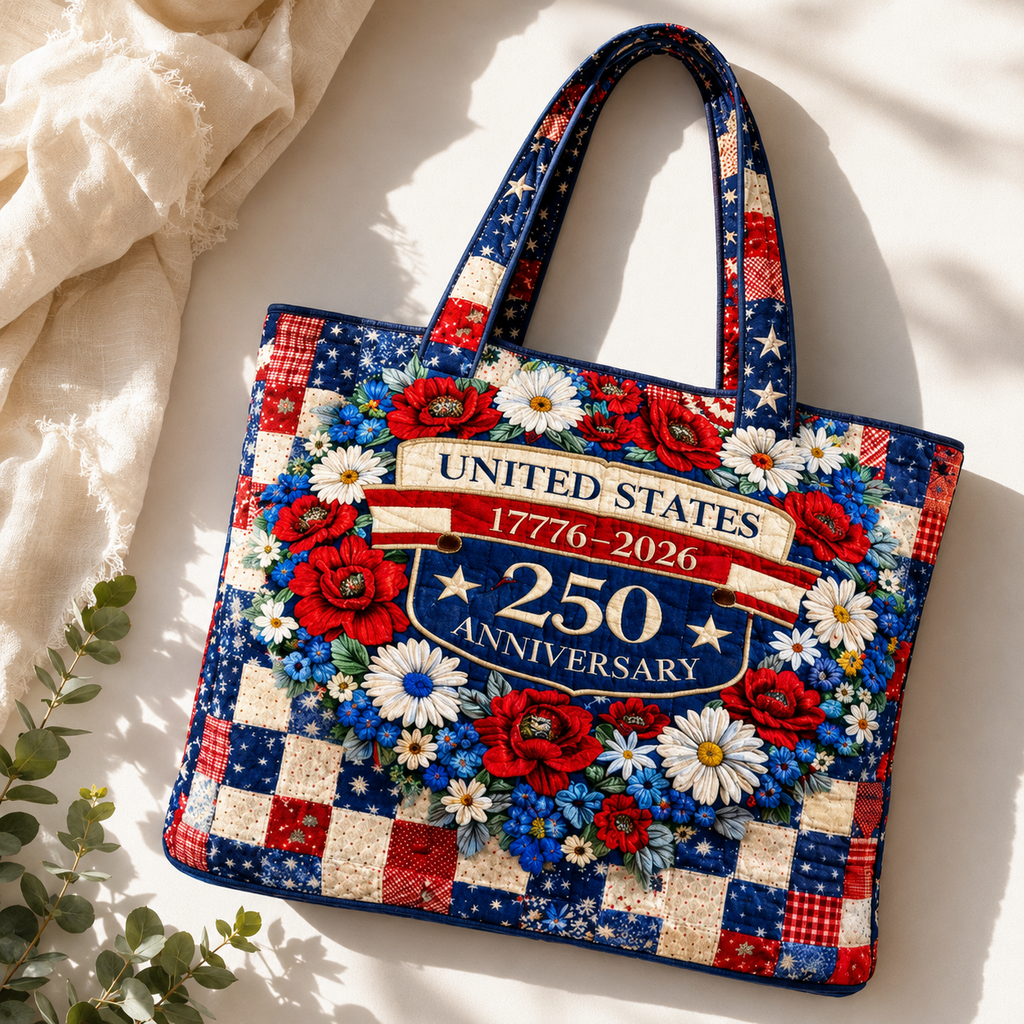 US 250th Anniversary Floral Quilted Tote Bag Patriotic Gift for Her