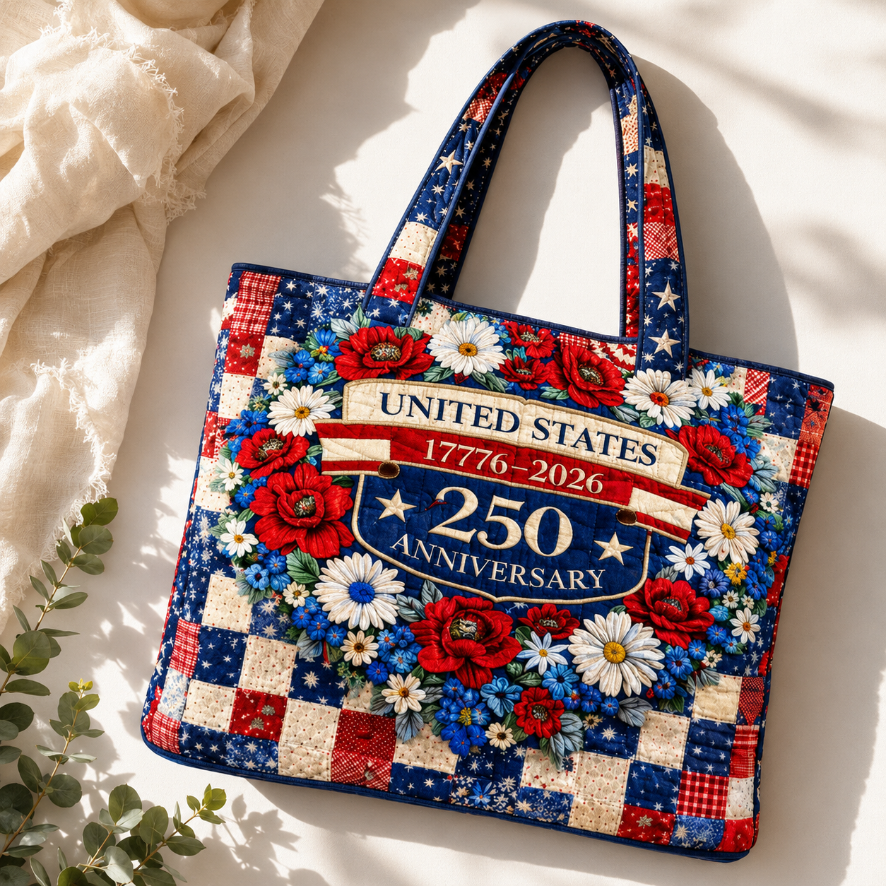US 250th Anniversary Floral Quilted Tote Bag Patriotic Gift for Her