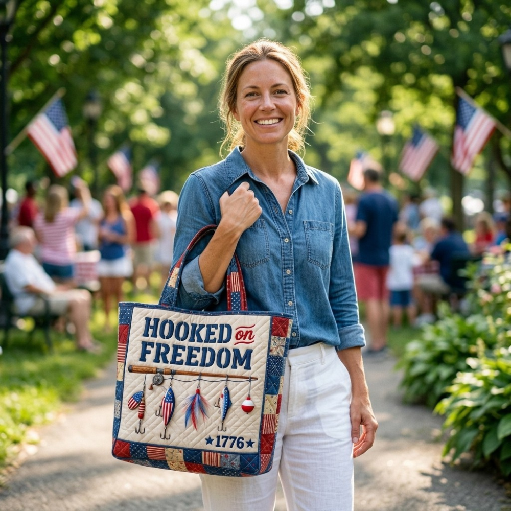 Quilted Fishing Tote Bag with Patriotic Design | Unique Gift for Fisherman