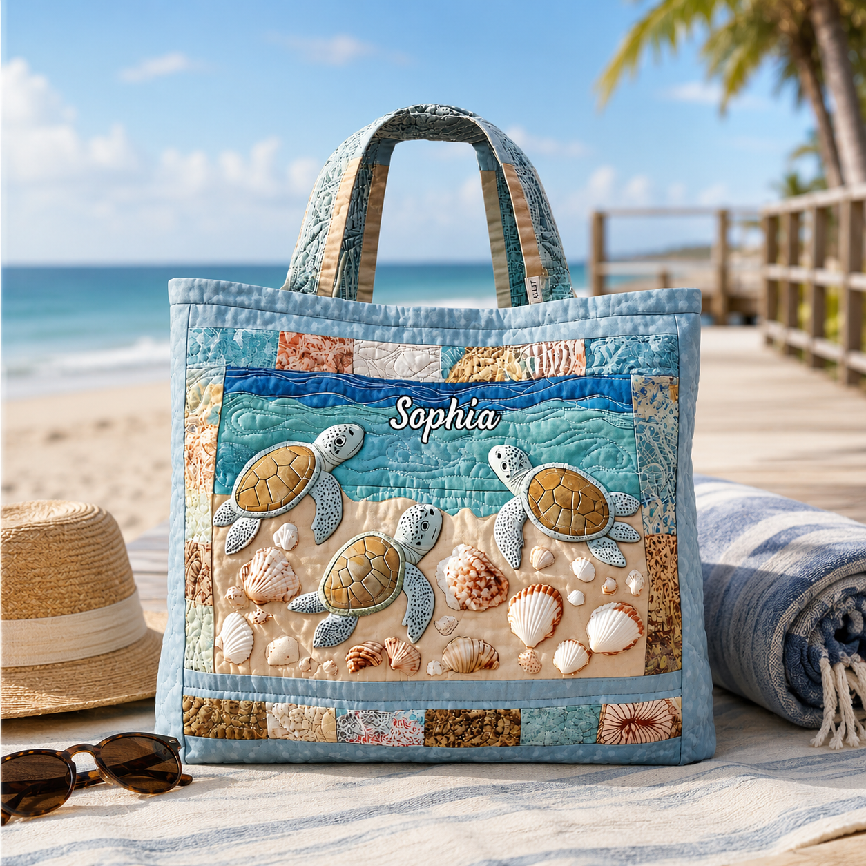 Personalized Quilted Tote Bag with Turtle Design Gift for Her