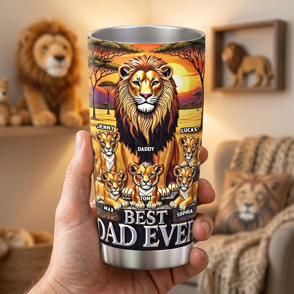 Personalized Lion Dad Tumbler with Kids Custom Name Gift