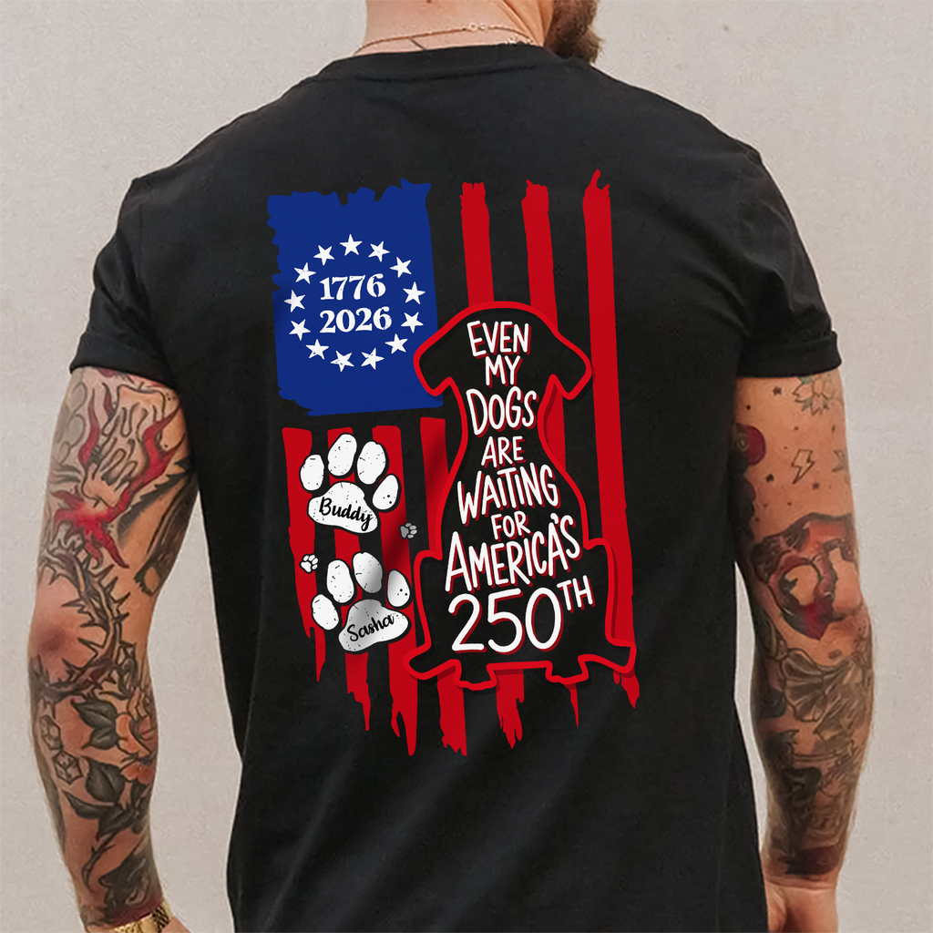 Personalized Dark T-Shirt 'Even My Dog Is Waiting' US Flag Gift for Dog Lovers HN590 - Tshirt Back GradoCreations
