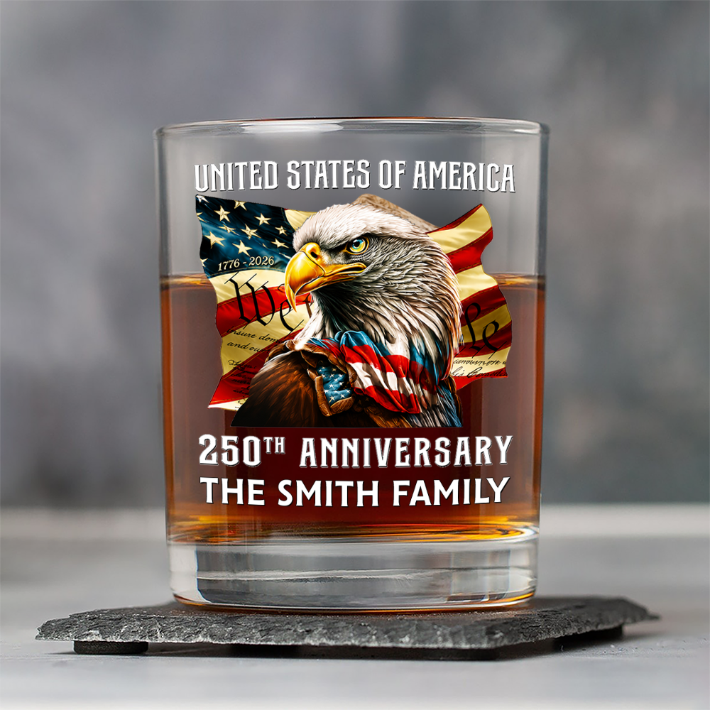Personalized Family Name Whiskey Glass Patriotic Eagle 250th Anniversary Gift HN590 - Print Rock Glass GradoCreations