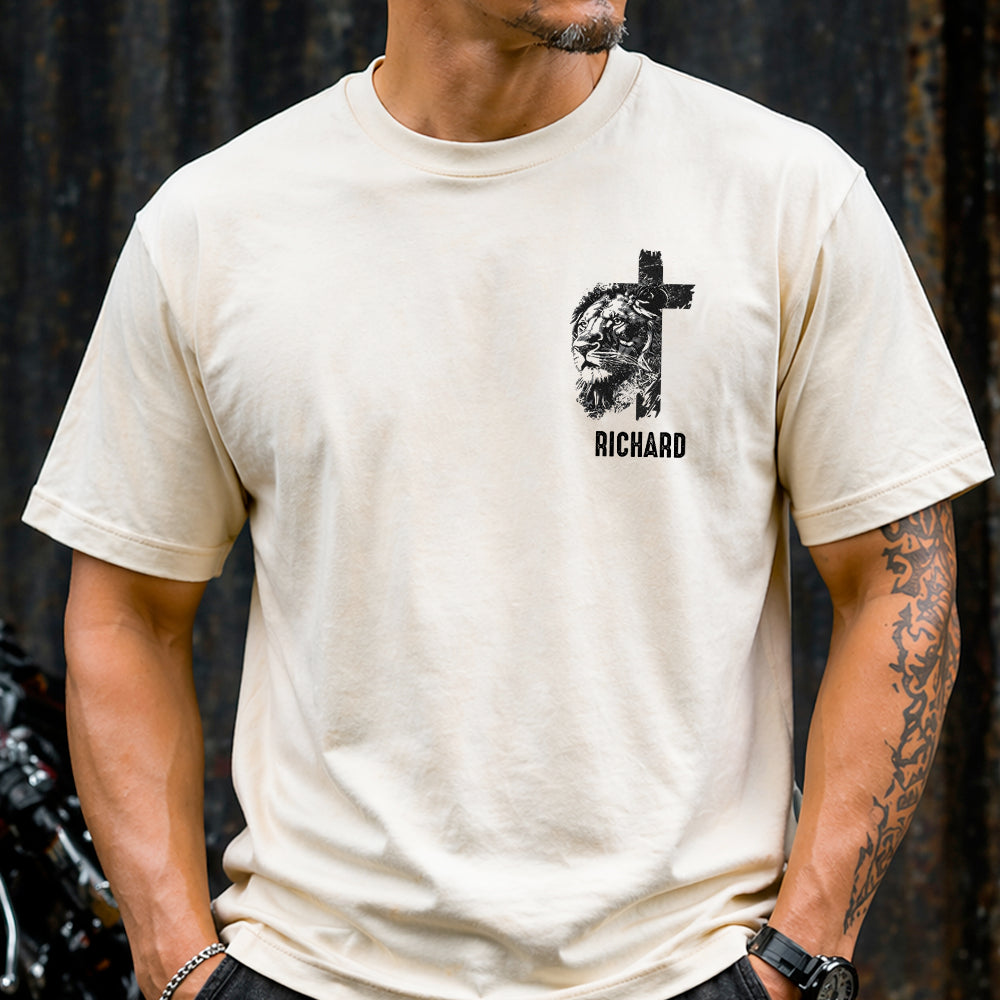 Personalized Christian Lion Cross Shirt Gift for Dad | Husband HN590 - Tshirt Back & Front GradoCreations