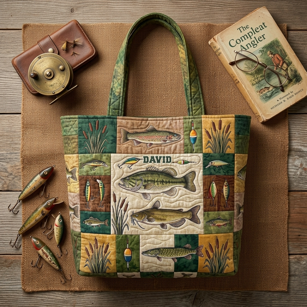 Personalized Fishing Patchwork Quilted Tote Bag Gift for Him