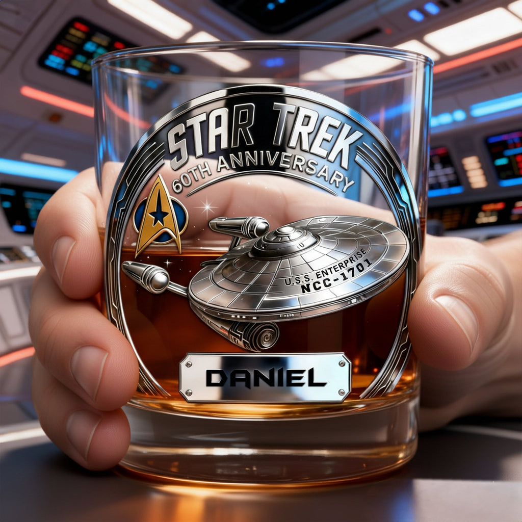 Personalized Whiskey Glass with Star Trek Design for Movie Fans - 60th Anniversary Gift Whiskey Glass GradoCreations