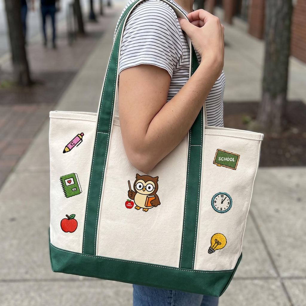 Personalized Teacher Owl Embroidery Tote Bag - Back to School Gift