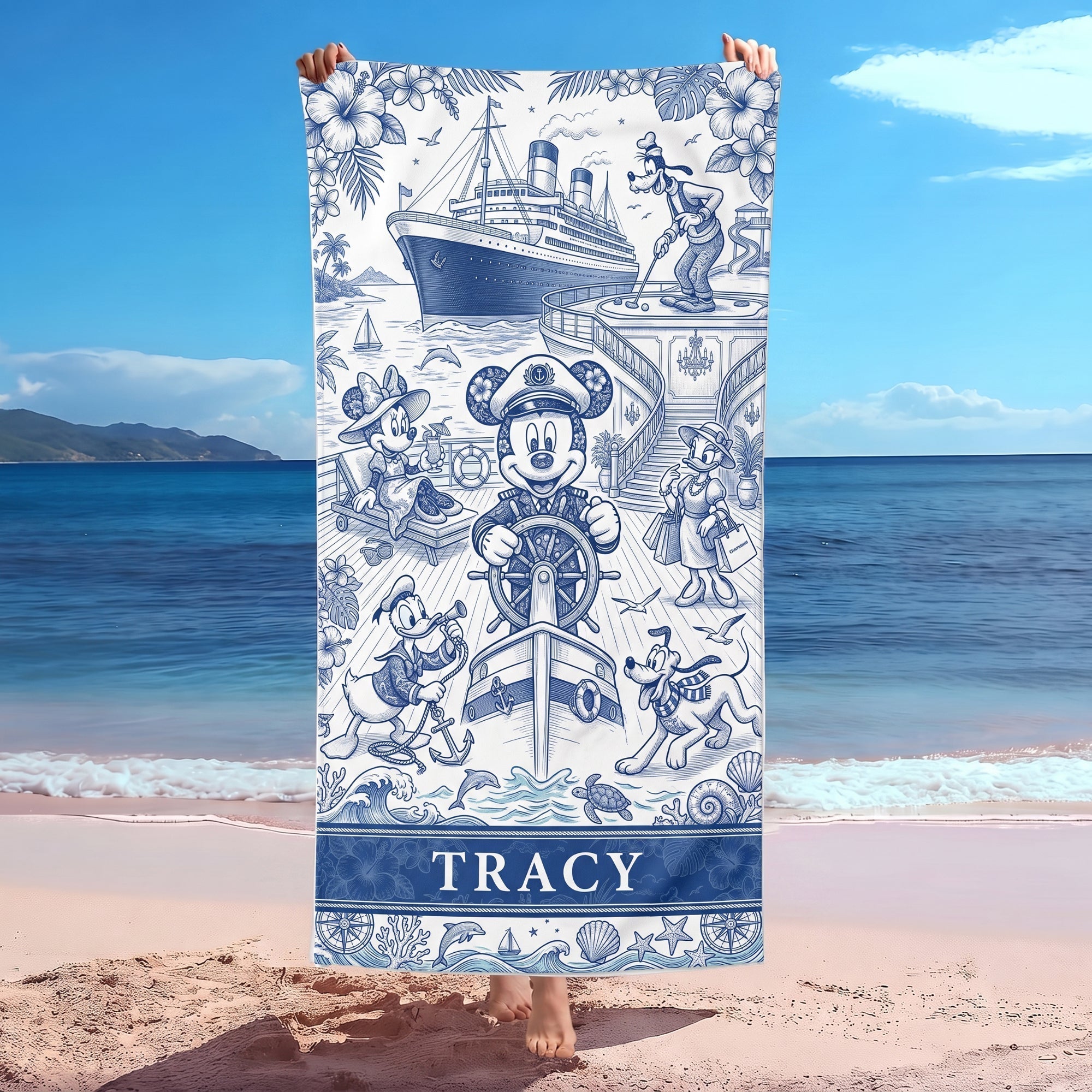 Personalized Toile De Jouy Beach Towel Custom Name Gift for Travelers Beach Towel GradoCreations