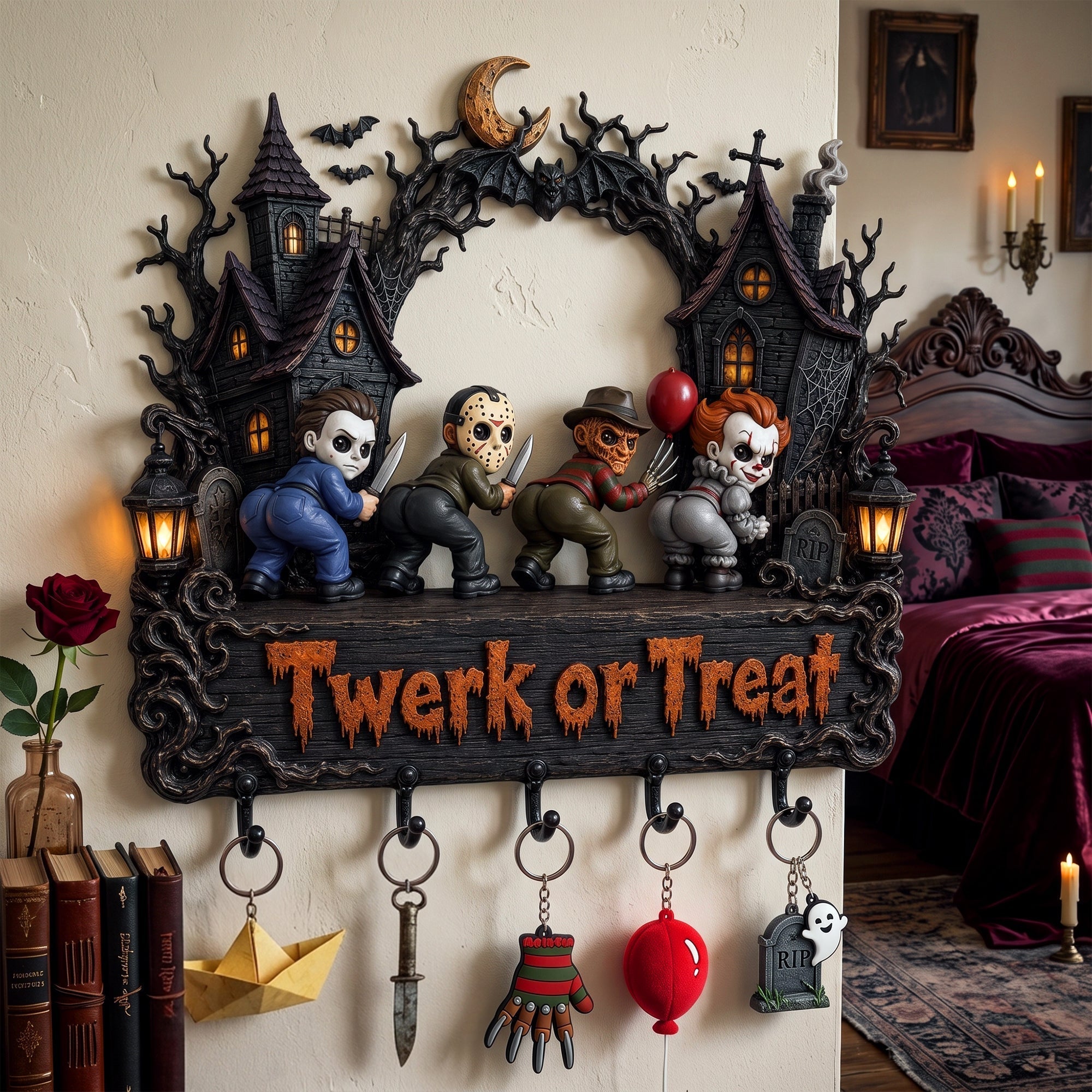 Personalized Halloween Hanging Rack Custom Name Key Holder Gift for Family Hanging Rack GradoCreations